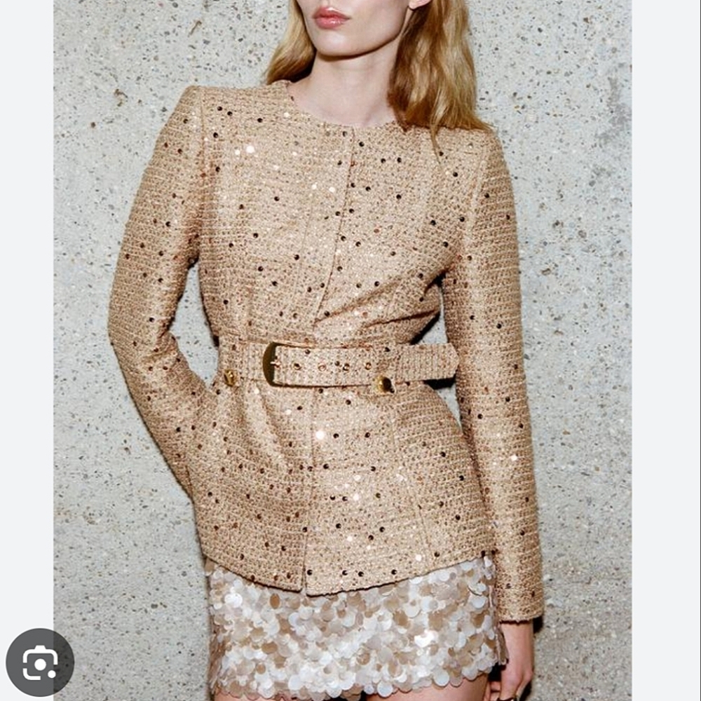 ZARA Sequon Belted Blazer Gold Size S